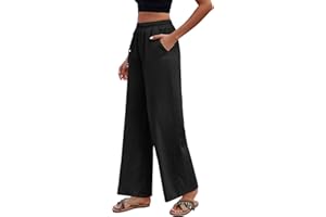 Niwicee Pantalon Fluide Femme Été Large en Lin Mélangé Été Coton Taille Haute Élastique Ample Décontracté avec Cordon Printemps Pantalon Droit