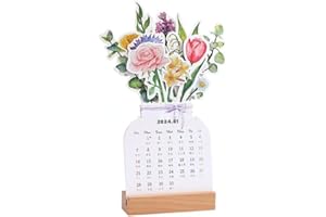 AIZHENQIAN 2024 Bloomy Flowers Desk Calendar (1 Set), Creative Flower Small Desk Calendar with Wooden Base, Vase Shaped New Year Calendar