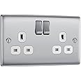 BG Electrical Double Switched Power Plug Wall Socket, Nexus Metal, Brushed Steel, White Inserts, 13A, NBS22W