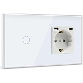 BSEED Switch with USB plug, Schuko Plug with 1 Type-C Port and 1 USB Ports, 1 Gang 1 Way Light Switch with LED Indicator, Whi