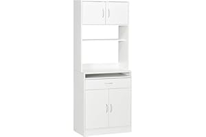 HOMCOM Alacena de Cocina Mueble Aparador Auxiliar con 4 Puertas Bandeja Extraíble Estante Ajustable Cajón y Encimera de Microondas Abierta 70x40x180 cm Blanco