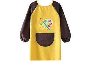 CUHZA 1 Pezzi Grembiule Pittura Bambini, Camici e Grembiuli per Bambini, Grembiulino Impermeabile Scuola Maniche Lunghe per Bambini 2-8 Anni (Giallo)