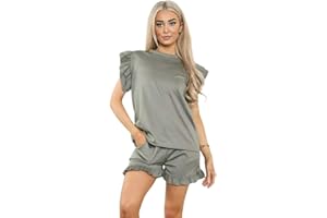 HUBIBUBI Ladies Frill Peplum Short and Top Set Stylish Comfortable Perfect Summer Co-Ord 2 Piece Longwear Tracksuit Ladies Shorts 2PCS Co ord Set Tracksuit UK