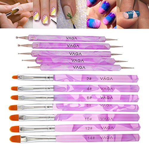 High Quality Professional Purple Coloured Nail Art Set Kit With 5 Double Ended Dotters / Dotting / Marbling Tools And 7 Brushes / Liners By VAGA