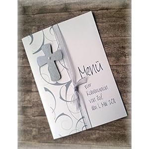 Menü Menükarte Speisekarte Kommunion Konfirmation Firmung Taufe Kreuz silber grau silbergrau