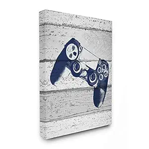 The Kids Room by Stupell Video Game Controller Blue Print on Planks Stretched Canvas Wall Art, 16 x 20, Multicolour