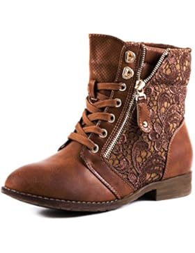 Stylische Damen Stiefeletten Worker Boots Spitze in hochwertiger Lederoptik