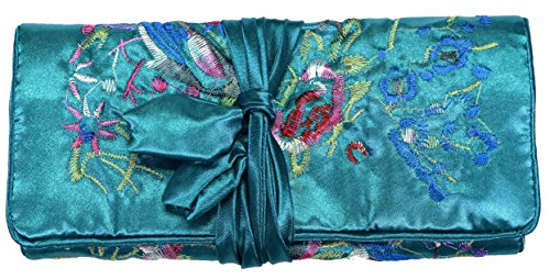 Teal Blue Embroidered Floral Silk Make Up Bag/ Wrap /Jewellery Roll