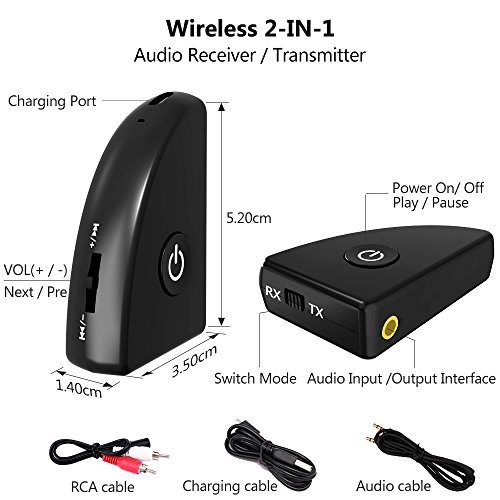 Blufree Trasmettitore e Ricevitore Bluetooth 4.2 con aptX a Bassa Latenza, Dual Link, 3,5 mm Jack, Adattatore Audio Wireless 2 in 1 per TV, PC, Cuffie, Sistemi Stereo, Altoparlanti, Smartphone, Tablet