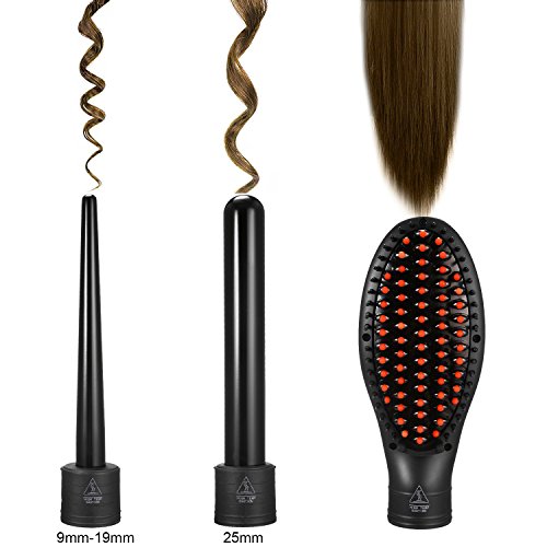 ACEVIVI 3-in-1 Lockenstab Curler mit Keramikbeschichtung Haarbürste 3 Aufsätzen (kegelförmiger Lockenstab, Glättungbürste Zylindrische Lockenwickler) Wiederaufladbar EU Stecker Schwarz, 9mm-25mm - 2