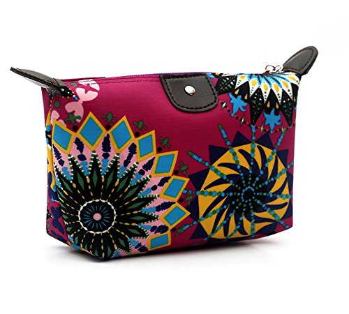 HOYOFO Travel Makeup Bag Pencil Case Storage Pouch with Vintage Flower Printed,Wine Red