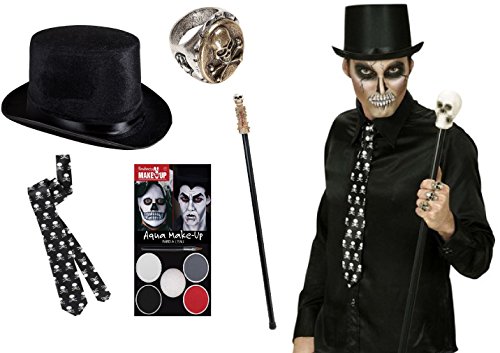 Mega_Jumble Men's Adult Skeleton Bone Gangster Dia De Las Muertos Day of The Dead Set Black Top Hat, Black/White Aqua Make-Up with Brush, Skeleton Skull Metal Ring, Black Skull and Cross Bones Print Neck Tie & Skull Cane 80cm Halloween Ladies Fancy Dress Horror Night Dress Up Set reviews Mega_Jumble Men's Adult Skeleton Bone Gangster Dia De Las Muertos Day of The Dead Set Black Top Hat, Black/White Aqua Make-Up with Brush, Skeleton Skull Metal Ring, Black Skull and Cross Bones Print Neck Tie & Skull Cane 80cm Halloween Ladies Fancy Dress Horror Night Dress Up Set