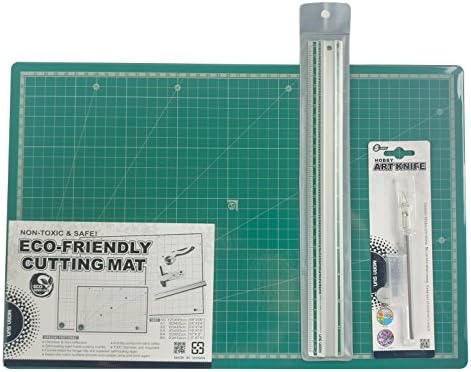 Craft Knife Set / A3 Green Self-Healing Cutting Mat Board / Aluminium 30cm Safety Ruler Non-Slip / Art Hobby Knives & x3 Spare Blades for Card Making Trimming Scrap Booking & Silhouette Designs
