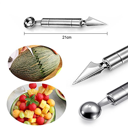 ilauke 7tlg. Edelstahl Wassermelonen Messer Gabel Obstmesser Melonenschneider Melonenmesser Entkerner Ausstecher Melonenausstecher - 5