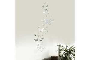 30pcs Self Adhesive Butterfly Mirror Wall Stickers, Decorative Silver Butterfly Shape Mirrors for Bedroom, Living Room, Gym, Wardrobe Doors, Home Décor, DIY Wall Art, Kids Room.