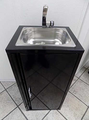 BBT@ / Mobiles Waschbecken im Stahlblech-Schrank Schwarz / Sofort einsatzbereit / Inklusive Edelstahl-Spüle, Tauchpumpe, Netzteil, Wasserhahn, Staufach, große Kanister für Frischwasser und Abwasser / Spülbecken Handwaschbecken Waschstation Camping - 3