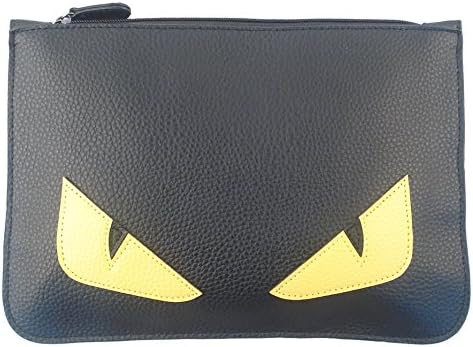 FBA_Monster Eye Detailed Plain Black Clutch (Yellow)