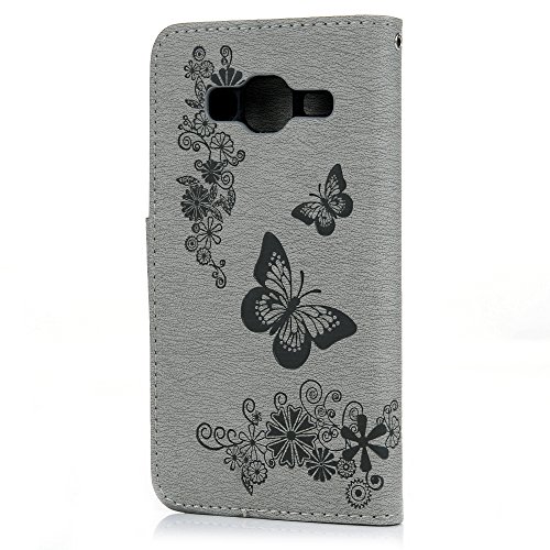 YOKIRIN Wallet Case für Samsung Galaxy J3 /J3 (2016) Schmetterling Blumen Muster PU Ledercase Cover Flipcase Handyhülle Folio Schutzhülle Protective Schale Flip Cover mit Standfunktion Kredit Kartenfächer in Gray - 4