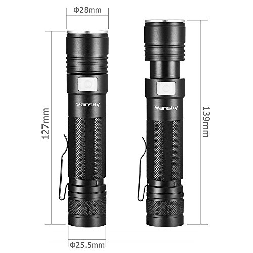 Vansky® Mini USB wiederaufladbare Taschenlampe, 900 Lumen CREE XPE2 R5 LED taktische Taschenlampe | zoombar und super hell | 18650 Li-ion-Akku und inkl. 0.9m Micro-USB-Ladekabel - 6