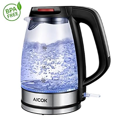 Aicok Bouilloire Électrique en Verre Avec Thermostat, Bouilloire en Verre Avec Double Verre et Éclairage LED, Bouilloire Sans BPA, Sans Fil Avec Poignée Cool Touch et Filtre Anticalcaire, 1,7L, 2200W, Argent