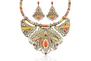 REYOK Ethnique Vintage Coloré Collier Bohémien Boucles d'oreilles Collier à Plastron Sautoir de Costume Tribal pour Femmes