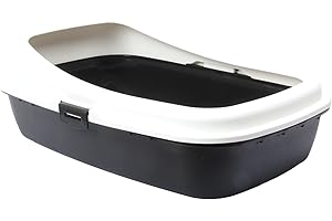 JOLIE MAX High Sided Large Plastic Cat Litter Tray Box. Removable High Rim. Low Entrance. (Black & White)