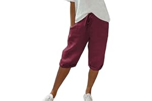 CHANPNING Short d'été décontracté en Coton et Lin avec Cordon de Serrage à la Taille et Poches pour Femme - Short de randonnée - Longueur Genou - Vêtement de détente Taille Haute - Pantacourt
