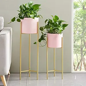 Weston Crafts Lant Stand Tall Indoor Plant Stand with Planter Pot Modern Metal Flower Pot Stands for Living Room Bedroom Display Window Porch - Golden
