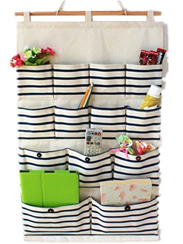 Moolecole Pastoral Style Blue Stripes Cotton/Linen Fabric Wall Hanging Organizer 13-Pockets Door Hanging Storage Bag Hanging Shelves