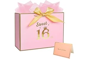 NWVUOP 28× 20×10 cm Sweet 16 Birthday Gift Bag 16th Happy Birthday Bag for Presents