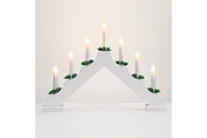Kssiaz Kerzenleuchter Weihnachten, Dekorativ LED Bogen Weihnachten Holz Weihnachtslichter Fensterbank mit 7 Kerzenlichtern Flammenlos Kerzenbrücke Schwibbogen für Advent Innen, USB-betrieben, Weiß