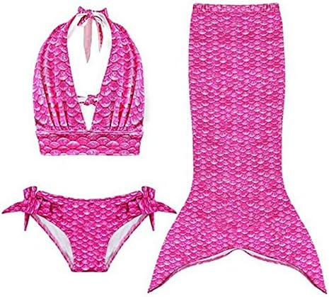 La SSara Girl's 3pcs Fish Tail Sea-Maid Bikini Mermaid Swimwear Costume (7-8 Years, A-Red)