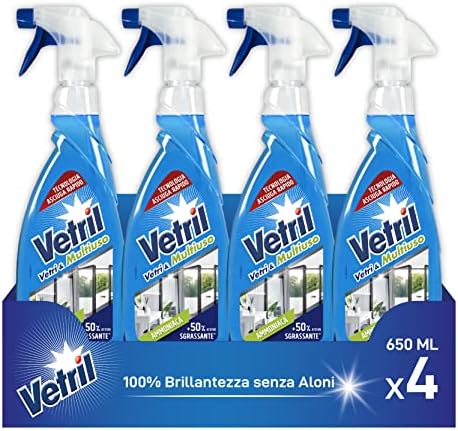 Vetril - Detergente Spray Vetri e Superfici con Ammoniaca, Azione Sgrassante e Brillantezza Senza Aloni, 650 ml x 4