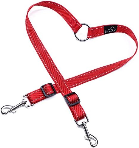 Double Dog Lead Split, PETBABA 30-50cm Long Adjustable Reflective Safe at Night Coupler Tangle Free Dual Leash Splitter to Walk Two Doggy 2 Pet in Red