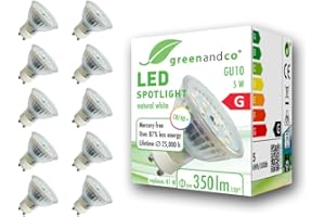 greenandco 10x bombilla LED GU10 | 5W 350 lm | 4000K blanco neutro | 110° | 230V | CRI 90+ | sin parpadeo | no regulable