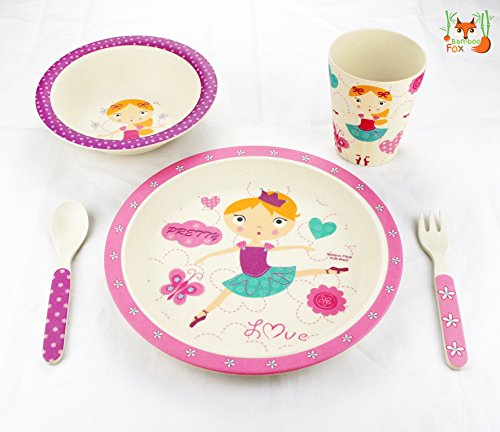 BambooFox Kindergeschirr set – Buntes Bambus Geschirr und Besteck Set mit Motiven – 100% Bio Bambus – umweltfreundlich (Ballerina) - 3