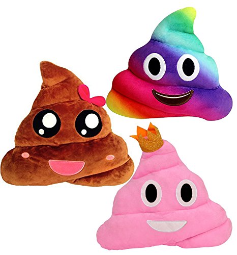 Emoji Kissen Großer Kopfkissen 3 Stück Set, Emoticn Weiche Gefüllte Plüschkissen Farben – Kackbraun, rosafarbige Prinzessin, Regenbogen (Groß Emoji 33cm)