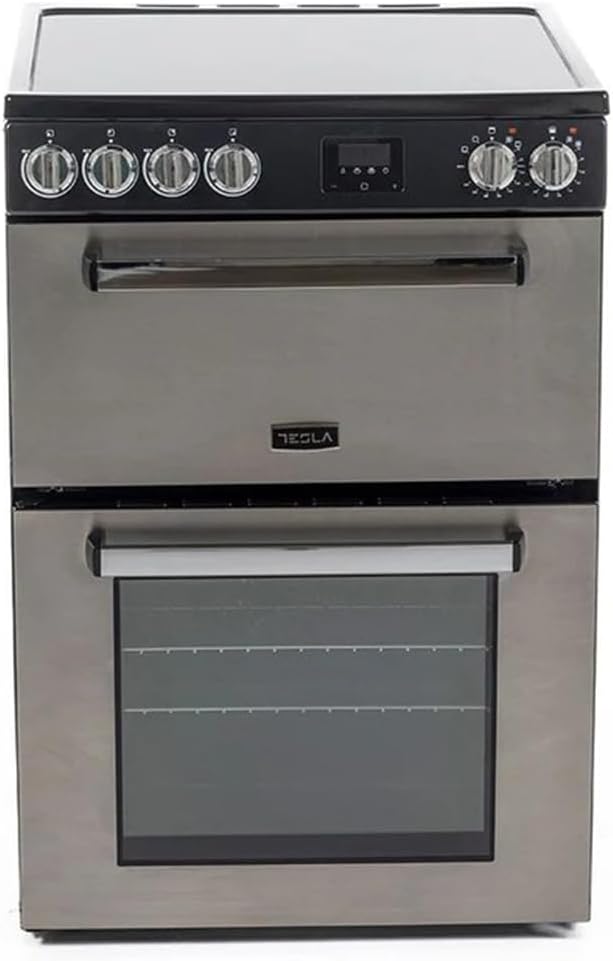 Tesla Electric Cooker - Freestanding Stainless Steel, A/A+ Energy, 4-Zone Ceramic Hob, 60cm Double Cavity, 68L & 31L Ovens, Easy Clean Enamel, LED Timer, (TMRC60SS)