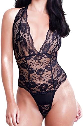 Quistal Lingerie Women Halter Lingerie Floral Deep V Lace One Piece Babydoll Bustier Vest Crop Bandage Mini Bodysuit (Black, L)