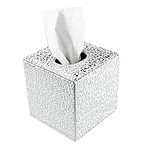 Ciaoed Tissue Box PU Leder Kleenex boxen Taschentücher Halter für Home Office Autor (Silber Schnitzen)