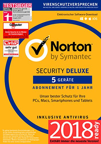 Norton Security Deluxe Antivirus Software 2018 / Zuverlässiger Virenschutz (Jahres-Abonnement) für bis zu 5 Geräte / Download für Windows (u.a. Vista, 8 & 10), Mac, Android & iOS