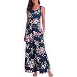 IMJONO Dress Kleid röcke,2019 Jubiläum  Frauen ärmelloses Drucken Sommer O Hals Strand lässig Maxi Kleid Blumenkleid(Small,Blau)