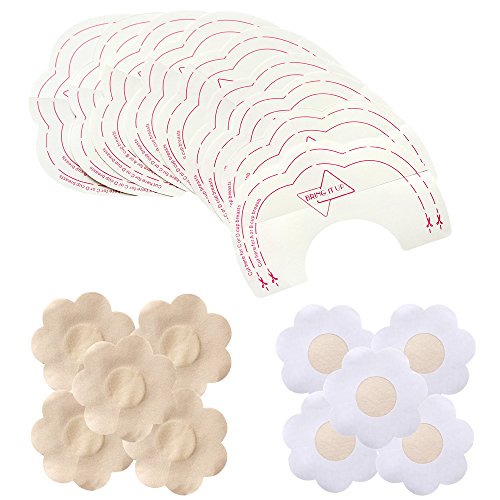 MIILYE Water Resistant and Invisible Breast Lift Tapes and Nude Color Satin Nipple Covers (Pack of 10x Breast Lift Tapes + 10x Nipple Cover Concealer)