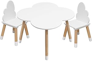 Rebecca Mobili Set Tavolino E Sedie Per Bambini, Sedie e Tavolo Arredo Cameretta Stanza Dei Giochi Bianco Marrone Chiaro, Mdf, Stile Nordico - Misure: 44 x 60 x 60 cm / 50 x 25 x 25 cm - Art. RE6733