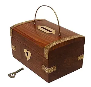 MWC NAG Wooden Handmade Wood & Brass Big Piggy Money Bank Coin Box with Brass Strips|Money Bank for Kids|Piggy Bank for Boys|(5x3.5x4) INCHES.