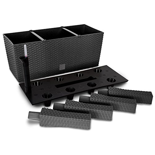 Rattan Optik Blumenkübel 60 cm Anthrazit + Standfuß + Wasserstandsanzeiger - 2