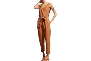 WOXIHUAN Tute da Donna Pagliaccetti Larghi in Lino Tuta in Cotone Pantaloni Larghi Jumpsuit Donna Estivo Tuta Tutina Elegante Tuta Vita Alta Tuta Scollo V Monopezzi Tutine Elegante Tuta Donna Casual