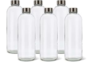 BrandPrint Bottiglia in Vetro Modello Eos da 1 Lt con Tappo a Vite. Set da 6 bottiglie. Per Acqua, Bevande e Succhi. Tappi, colore Argento, Inclusi.