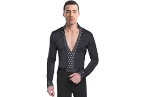 BOZEVON Mens Classic V Collar Latin Dance Shirt & Pants Fashion Performance Outfits Long Sleeve Set
