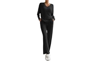 GETERUUV Zweiteiler Damen Freizeit Set Loungewear Gerippt Shirt Langärm Hausanzug mit Knopf Jogginganzug Sporthose Sleepwear